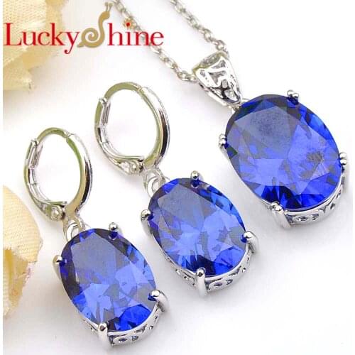 Luckyshine Holiday Gift Oval Fire Blue Crystal Cubic Zirconia 925 Silver Pendants Necklaces Drop Earrings Jewelry Sets