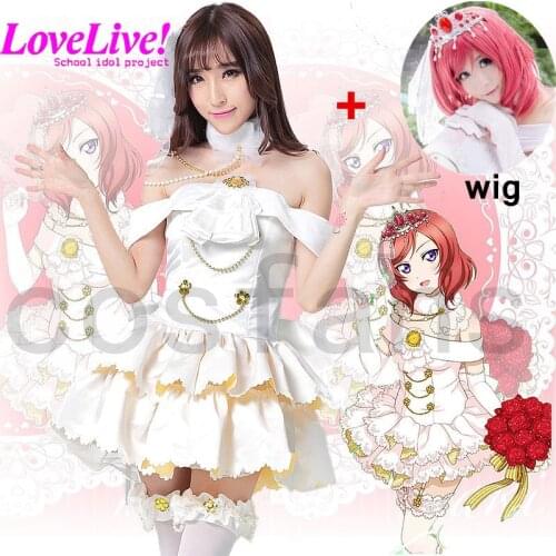 Love Live! Maki Nishikino Wedding dress White Valentines Day Awakening Dress Cosplay Costume + Head veil + Crown+ wigs in stock
