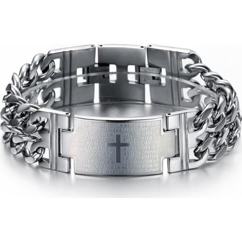 Fate Love Fashion Mens Jewelry Silver Stainless Steel High Quality Two Row Chain Spanish Bible ID Bracelet