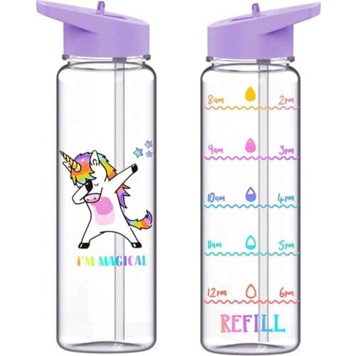 720ml/24oz Cartoon Sports Outdoor Straw Water Bottle With Sloth&Unicorn Flamingo Printing My Drink Juice Handle Straw Kettle