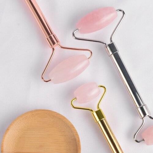Natural Rose Quartz Face Massage Roller Metal Handle Practical Anti Wrinkle Body Head Portable Nature Beauty Health Care Tools