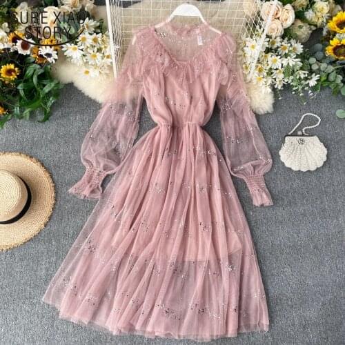 Lantern Sleeve A Line Dress 2021 New Spring Autumn Elegant Fashion Long Dress Women Mesh Printing Party Dresses Vestidos 12241