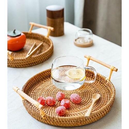 Handwoven Rattan Storage Tray With Wooden Handle Round Wicker Basket Bread Food Plate Fruit Cake Platter Dinner Serving Tray