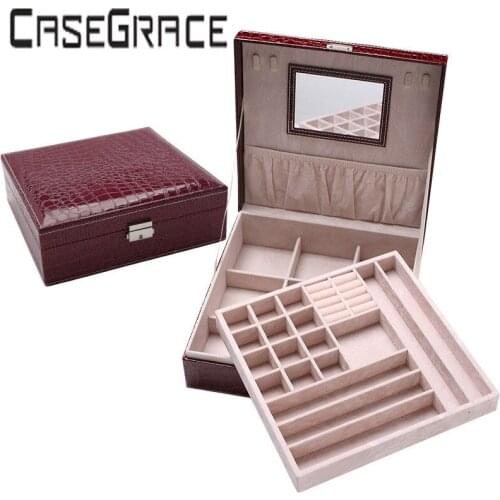 Rectangle Pu Leather Luxury Jewelry Storage Box Casket Quickdone Multideck Desk Organizer With Mirror One Piece Free Shipping
