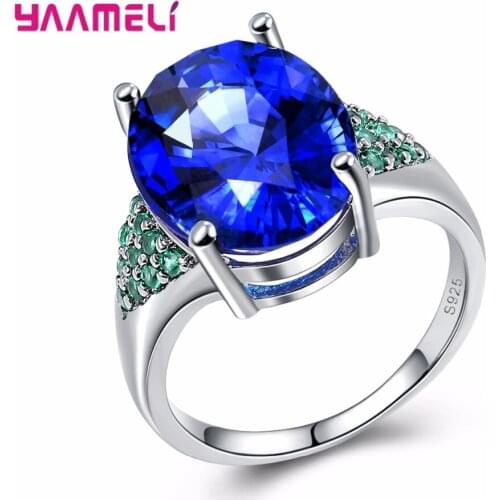 Luxury Round Bijoux Fashion Wedding Ring Blue&Green Cubic Zirconia 925 Silver Jewelry Free Fast Shipping