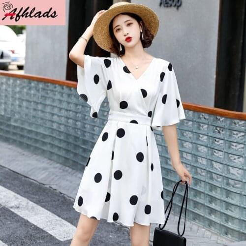 New Summer Chiffon Polka Dot Popular Dress V-Neck High Waist Thin Goddess Elegant Lace-Up Vintage Short Sleeve Party Mini Dress