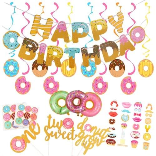 Tablecloth donut happy birthday banner dessert theme children pull flag cake plug-in party children birthday decoration balloons