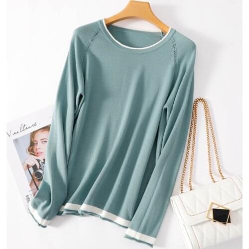 Pure cotton long-sleeved round neck sweater womens short loose color matching cotton bottoming sweater 21 spring and autumn new