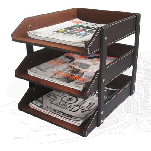 High Quality PU Leather 3 Layers File Tray 3 Drawers Document Holder 4 Compartments File Frame 2 Slots Magazine Rack Organizer