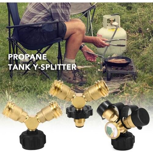Propane Tank Y-Splitter Gas Burner Adapter Two Way LPG Adapter Tee Connector QCC1 Tank T Adapter with Gauge for BBQ Grills Stove