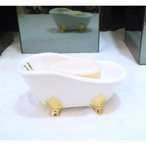 European Style Draining Holes Soap Box Bathtub Shape Ceramic Creative Soap Dish Home Bathroom Gilding Soap Tray Hotel Soap Rack