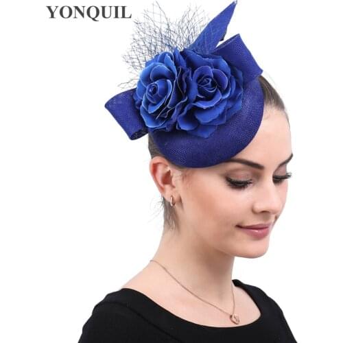 Vintage Imitation Sinamay Ladies Fascinator Royal Blue Hats With Flower Headwear Hair Clips Occasion Church Party Accessories