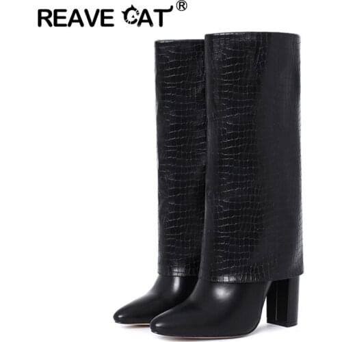 REAVE CAT Female genuine leather boats Knee boots Pointed toe Big tube Crocodile Fashion Autumn winter High quality Cool Solid