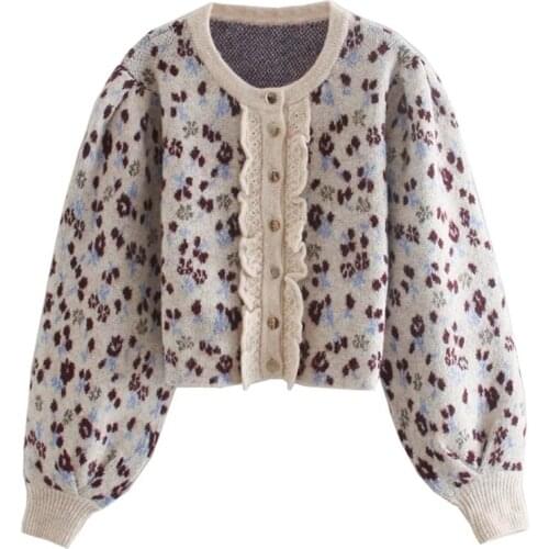 Sweet Beauty Style 2021 Autumn And Winter Fashion Jacquard Knitted Cardigan Sweater Retro Lantern Sleeve Female Jacket Chic Top