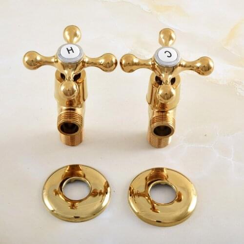 2Pcs Polished Gold Color Brass Cross Handles Bathroom Angle Stop Valve 1/2" Male x 1/2" Male Thread aav020