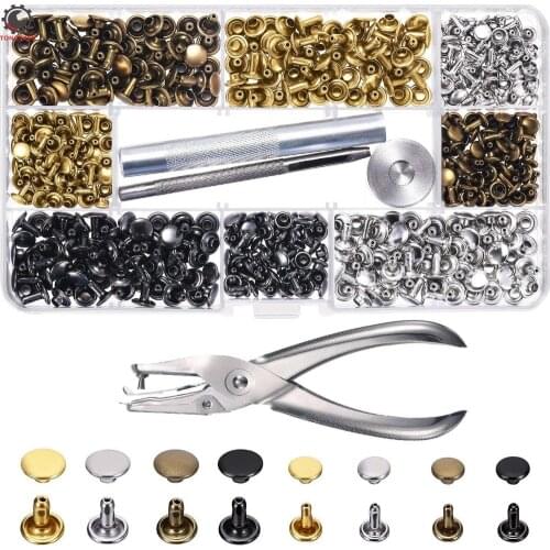 240 Set Leather Rivets Double Cap Rivet Tubular Metal Studs 2 Sizes with Punch Pliers for Leather Craft Repairs Decoration