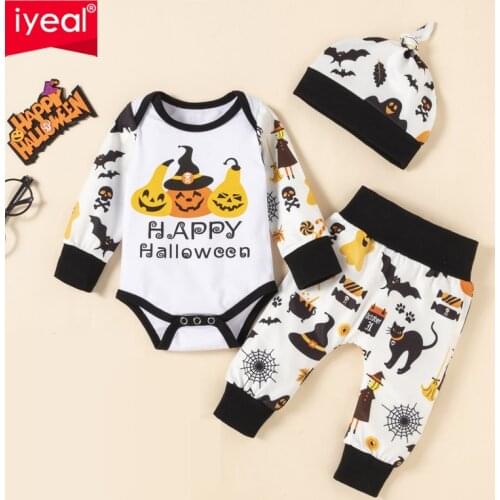 IYEAL Fashion Toddler Baby Bodysuit for Newborns Long Sleeves Baby Suits+Pants Hats 3Pcs Halloween Cotton Babies Clothes