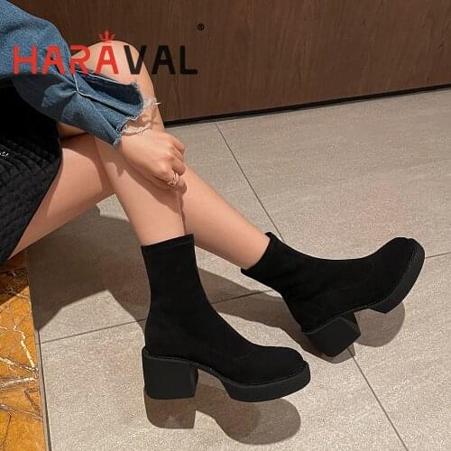HARAVAL Women Ankle Boots Shoes High Heels Martin Boot Kid Suede Solid Round Toe Adult Thick Bottom Spring Autumn Boot E130L