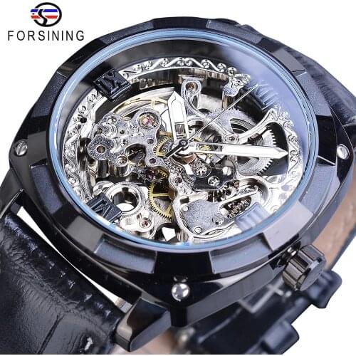 Forsining New Fashion Men Mechanical Watch Black Automatic Skeleton Analog Wristwatch Leather Band Business Watches Montre Homme