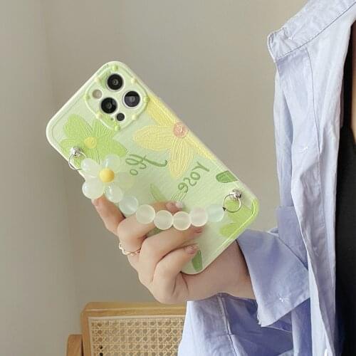 Green Flower Painting Bead Bracelet Case For iPhone 11 12 Pro Max 12 Mini X XS XR 7 8 Plus Case Wristband Hand Chain Soft Cover