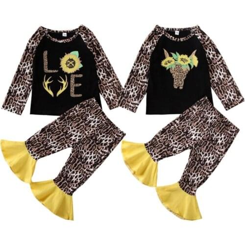 Boutique Kid Clothes 2020 Kid Baby Girl Leopard Floral Tops Cotton T-shirt Flared Pants Toddler Clothes 2-7Y