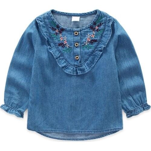 Childrens wear girls long-sleeved shirt Korean version childrens lovely denim shirt