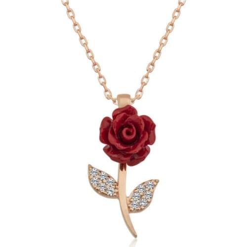 Women Silver Red Rose Necklace