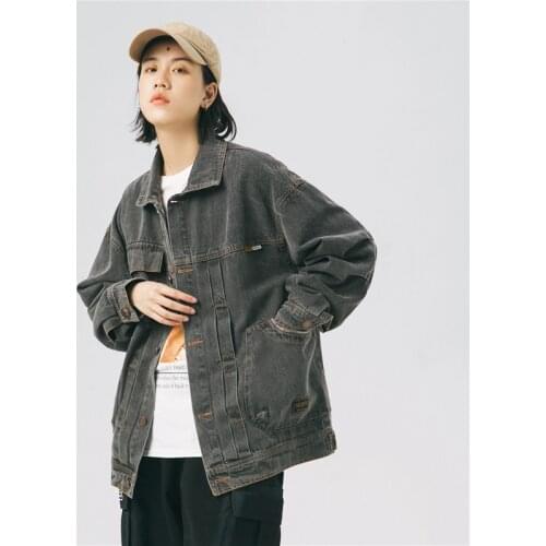 Gray denim jackets streetwear washed hip hop mens vintage punk rock letter print button multi-pocket oversize jacket tops