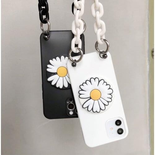 Cute Chain Bracelet Lanyard Mirror Phone Case For Huawei Y8S Y7P Y6P 2019 P Smart 2020 Plus S Z 2021 Soft Flower Little Daisy