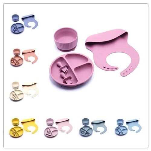 5PCS/Set Baby Plates Bowl Set Food Grade Silicone Kitchenware Suction Childrens Tableware Silicone Compartment Baby Dishes