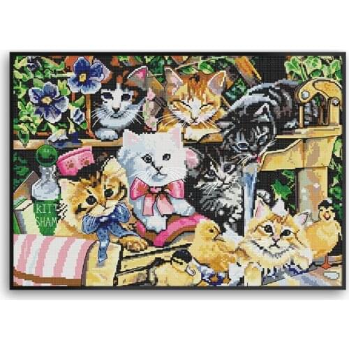 Lovely Cats Cross Stitch Kits Printed on Canvas DMC 14CT 11CT Counted Embroidery Needlework Home Decorations DA214