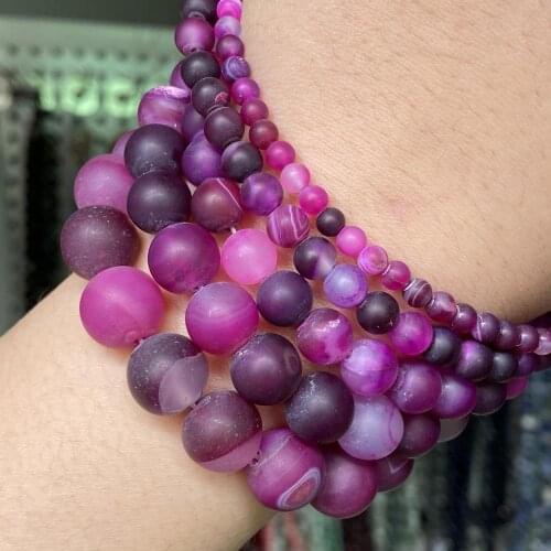 Natural Stone Matte Fuchsia Striped Agates Beads Round Dull Polished Loose Beads For Jewelry Making Diy Bracelet Accessories 15"