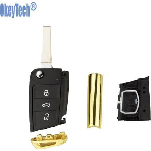 OkeyTech 3 Button Flip Folding Remote Car Key Shell for V W Gollf 7 MK7 for Skoda Octavia A7 Gold Shiny Metal Side Key Case