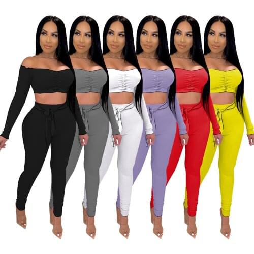 Casual two piece set women Knitted Slash neck Long Sleeve Crop Top + Long Pants party Night tracksuit Outfit