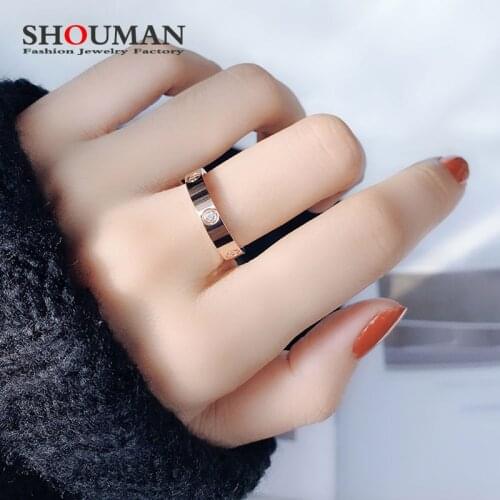 SHOUMAN Luxury Shiny Smooth 3 Crystal 3 Cross CNC Ring Stainless Steel Rose Gold Women Engagement Gift Brands Jewelry