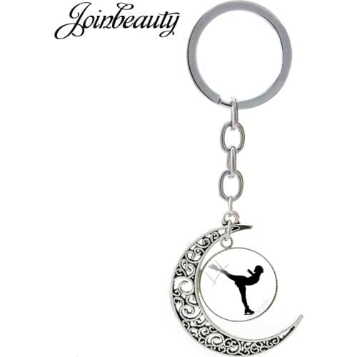 JOINBEAUTY Charm Moon Pendant Keychain Ice Skating Keychain Art Glass Picture Cabochon Charming Chaveiros For Women Jewelry ST43