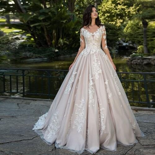 Custom Made A-line Wedding Dresses Robe De Mariee Long Sleeve Buttons Up Back Appliques Bridal Gowns China Mariage