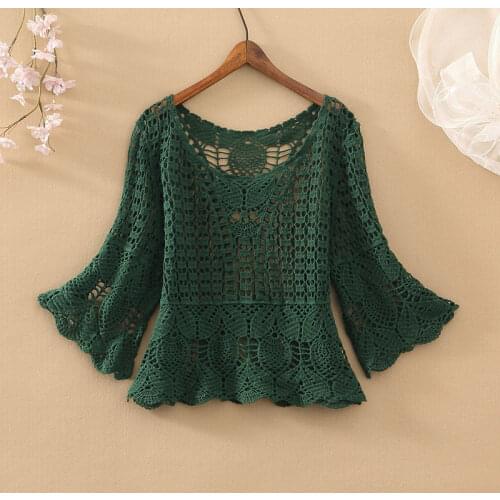 Spring and summer loose five-point trumpet sleeves short lace hollow mesh crochet pullover temperament casual top