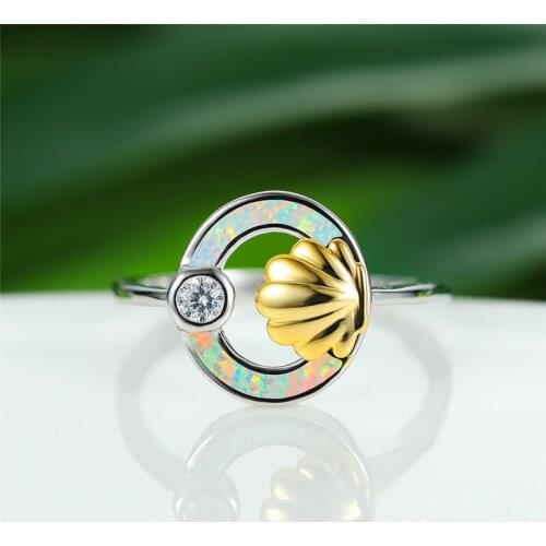 Vintage Gold Shell Wedding Ring Trendy Female Round White Zircon Opal Ring Charm Crystal Silver Color Engagement Rings For Women