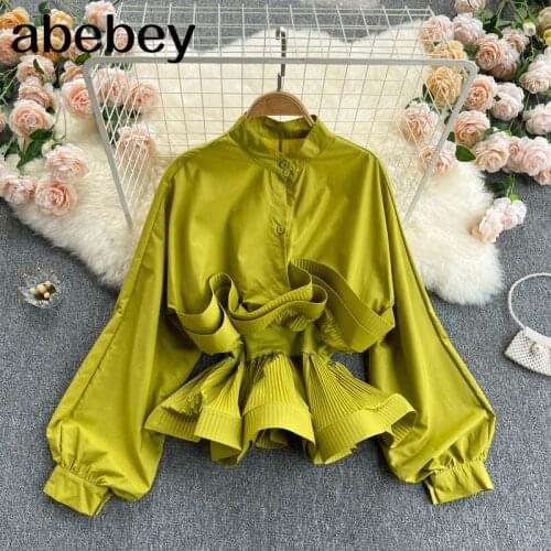 Women Korean Short Blouse Design Long Puff Sleeve Tops Spring Fashion Casual Streetwear Split Blouses