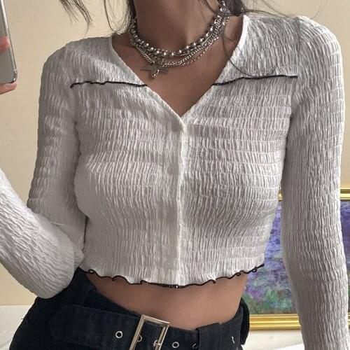 Female T-shirts Fashion Long Sleeve Crop Tops V Neck Black Lace Buttons Ruched Cardigan Sexy Summer Spring Slim Pleated T Shirts