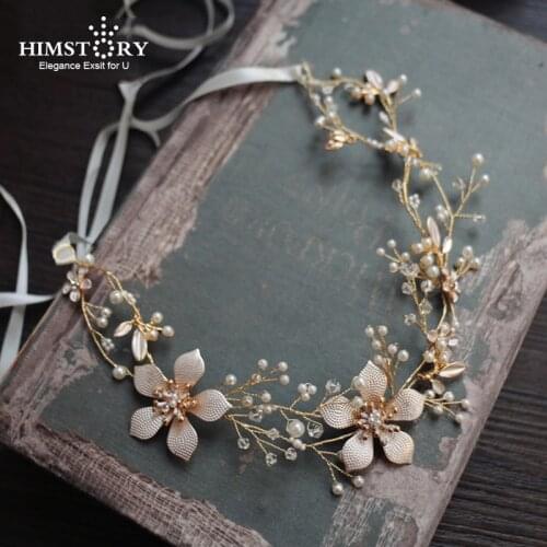 Himstory Vintage Gold Flower Hairband Handmade Crysal Pearl Wedding Tiara Headband Women Headpiece Bridal Hair Accessories