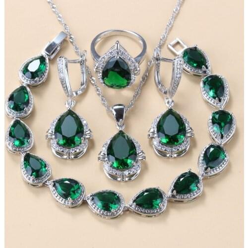 11.11 Sale 925 Sterling Silver Jewelry Sets With Green Cubic Zirconia Bridal Costume Necklace And Earrings Water Drop Sets