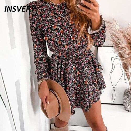 New Party Dress Women O Neck A-Line Dress Women Autumn Floral Print Short Dress Boho Ruffle Long Sleeve Casual Daily Dresses