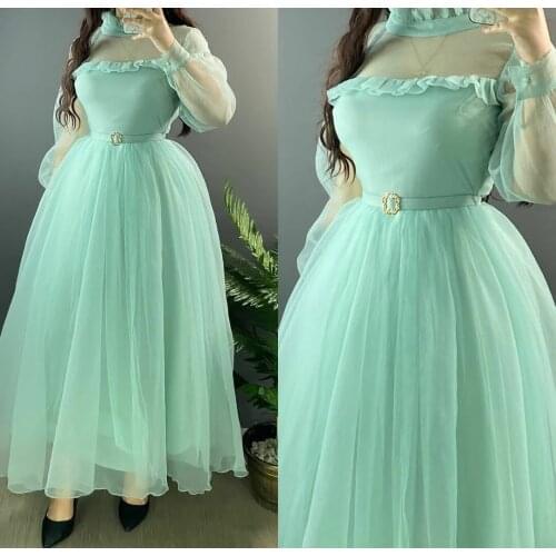 Elegant Long A-Line V-Neck Short Red Prom Dresses with Pockets Muslim Robe De Soiree Tea Length Pleated Formal Party Gown