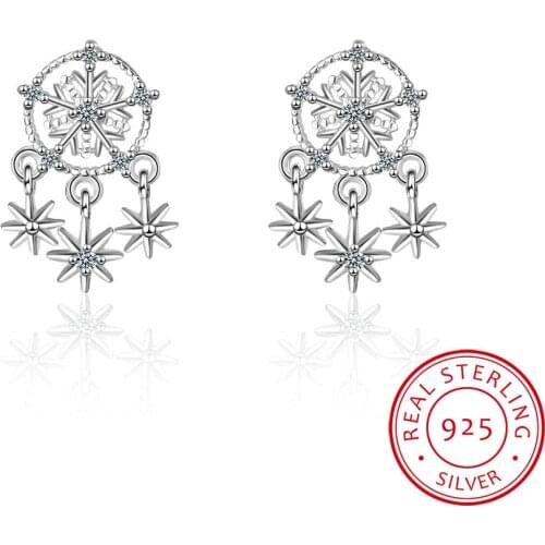 925 Sterling Silver Dream Catcher Earrings For Women Spring Jewelry Snowflake Zirconia Tassel Earrings oorbellen S-E760