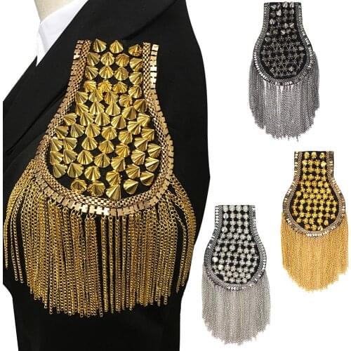 2pcs/pair Bead Rhinestone Clothing Patch Chain Fringed Performance Stage Versatile Coat Tassel Epaulettes Sewing metal Craft JZ4