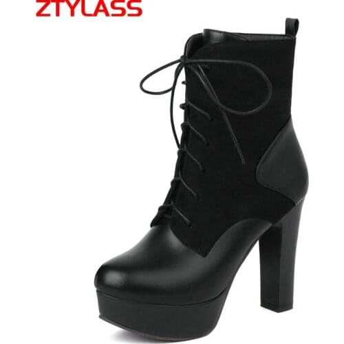 2021 Fsahion Black Women Platform Boots Square High Heel Ankle Boots Spring Autumn Zipper Woman Boots Shoes Big Size 41 42 43