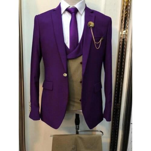 2021 Purple Business Suits for Men Slim Fit Groom Wedding Suits Tuxedo Singer Stage Blazer Double Breasted Vest Pants 3 Pieces