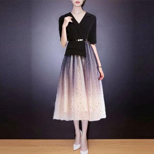 2021 Early Autumn Fake two-piece Dress Fahion Design Mesh Patchwork High Quality Elegant Dresses Runway